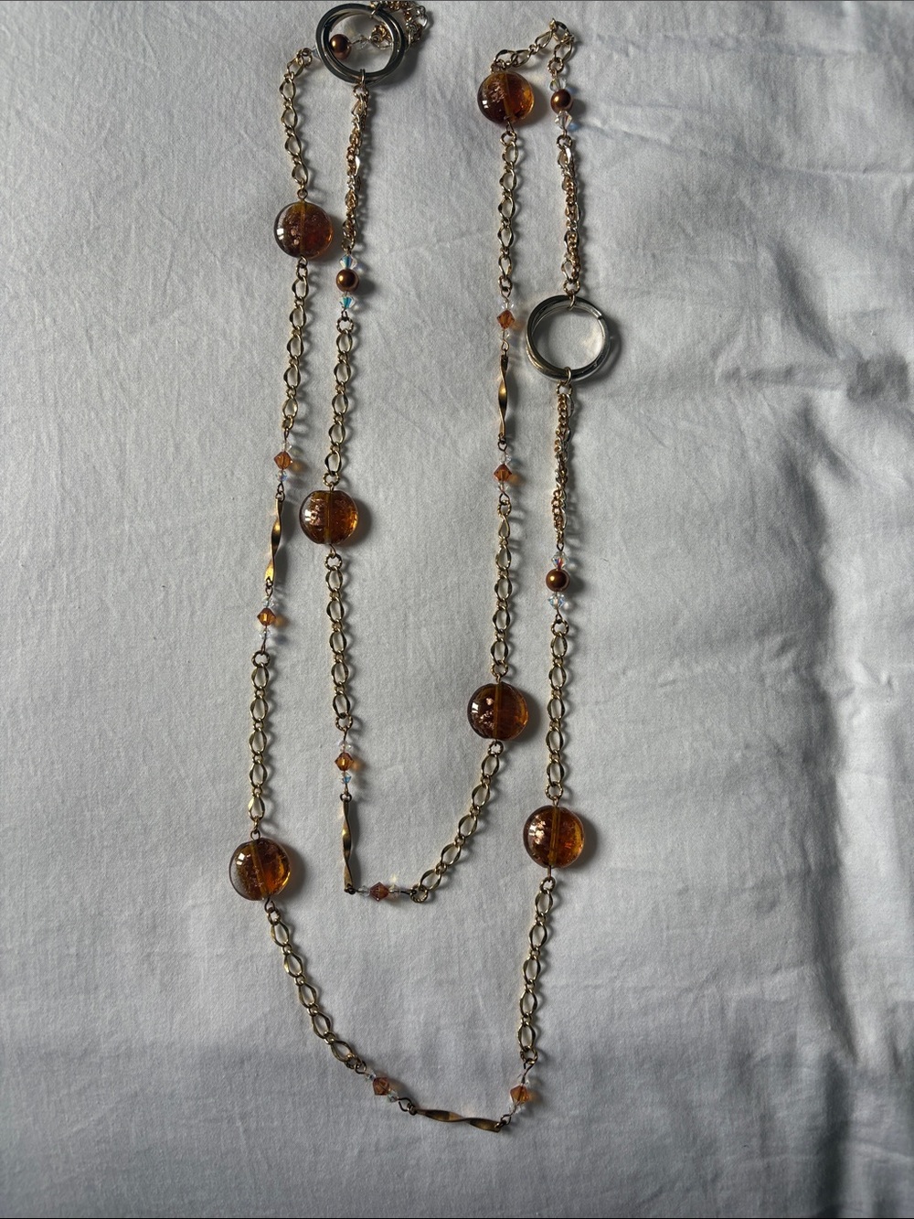 Gold-Tone Multi-Strand Necklace with Amber Glass Beads